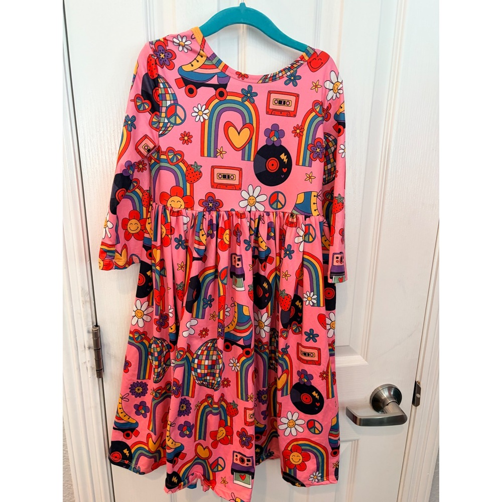 Mila & Rose Twirl Dress Pink Retro 70s 80s Rainbow Roller Skate Disco Kids 7-8